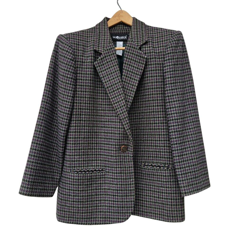 Vintage Sag Harbor Houndstooth Wool Blend Blazer Size 14 Petite One Button